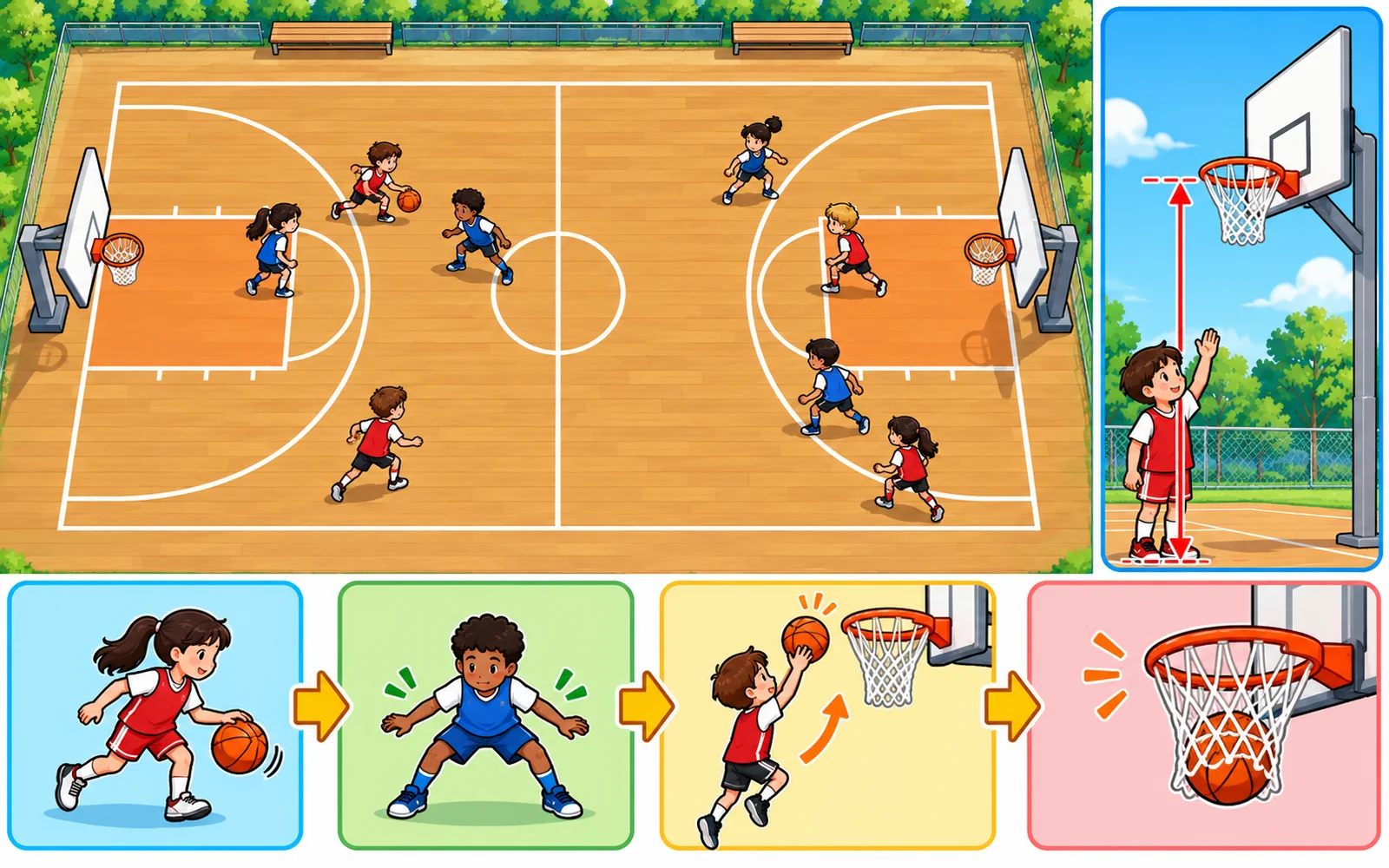バスケットボールのコートを上から見た図。リングの高さは2メートル60センチ(小学生)と書かれている