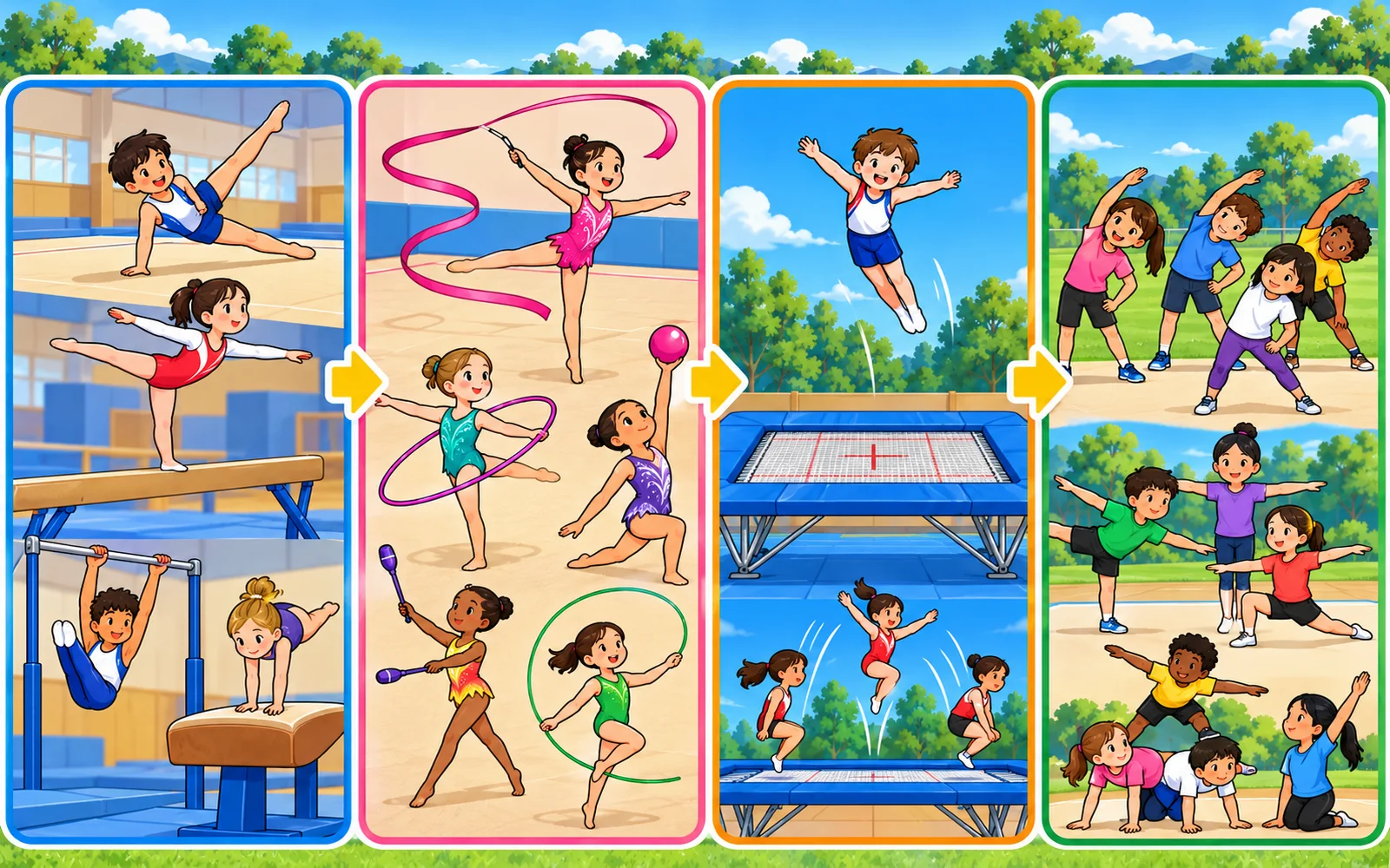 体操には、体操競技、新体操、トランポリン、競技を目的としないGymnastics for Allがある