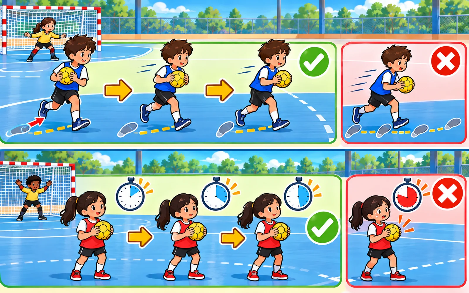 ボールを持った選手が3歩まで進み、3秒以内にパスやシュートをする様子を示した図。