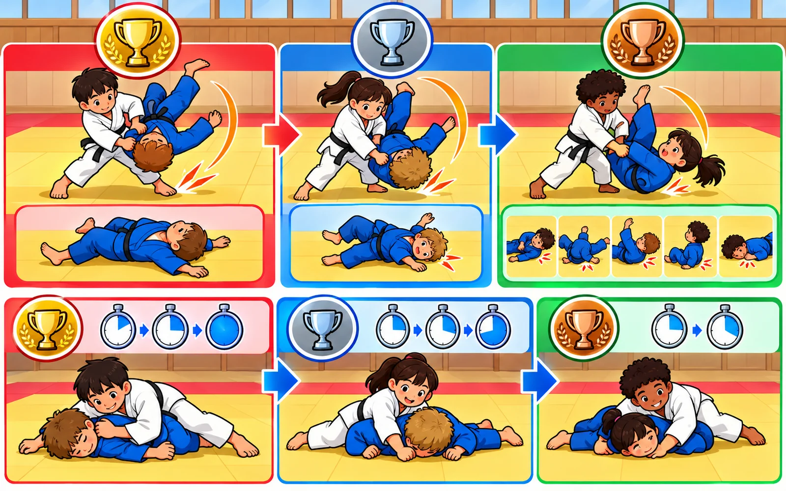 点の種類。投げ技は基準をすべて満たせば一本、一部が足りないと技あり、さらに足りないと有効。抑え込みは20秒で一本、10秒で技あり、5秒で有効