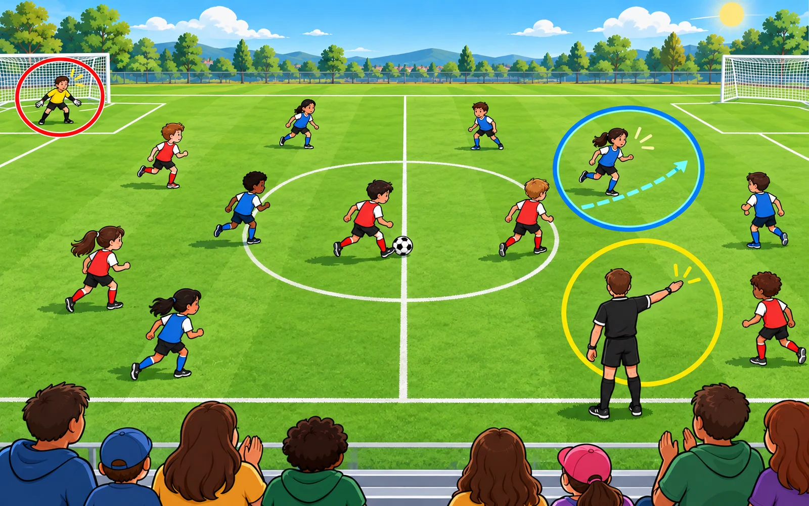 試合を見るときに注目する3つのポイントを、コートの絵に丸をつけて示した図