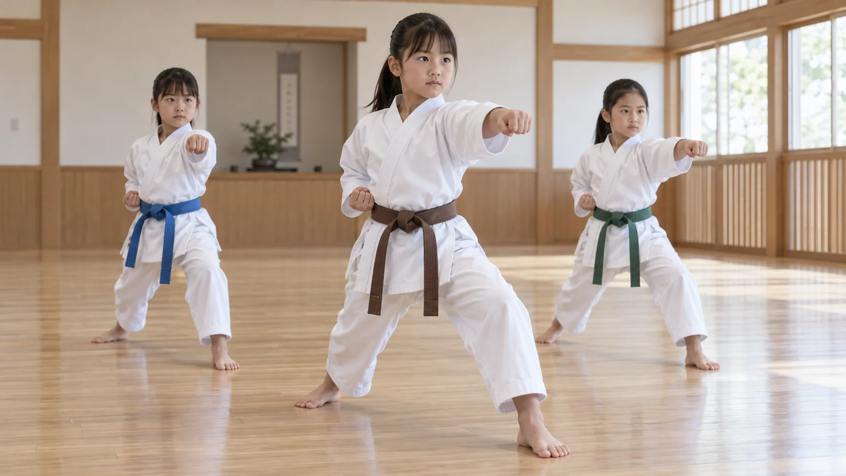 道場で形の突きを練習する子どもたち
