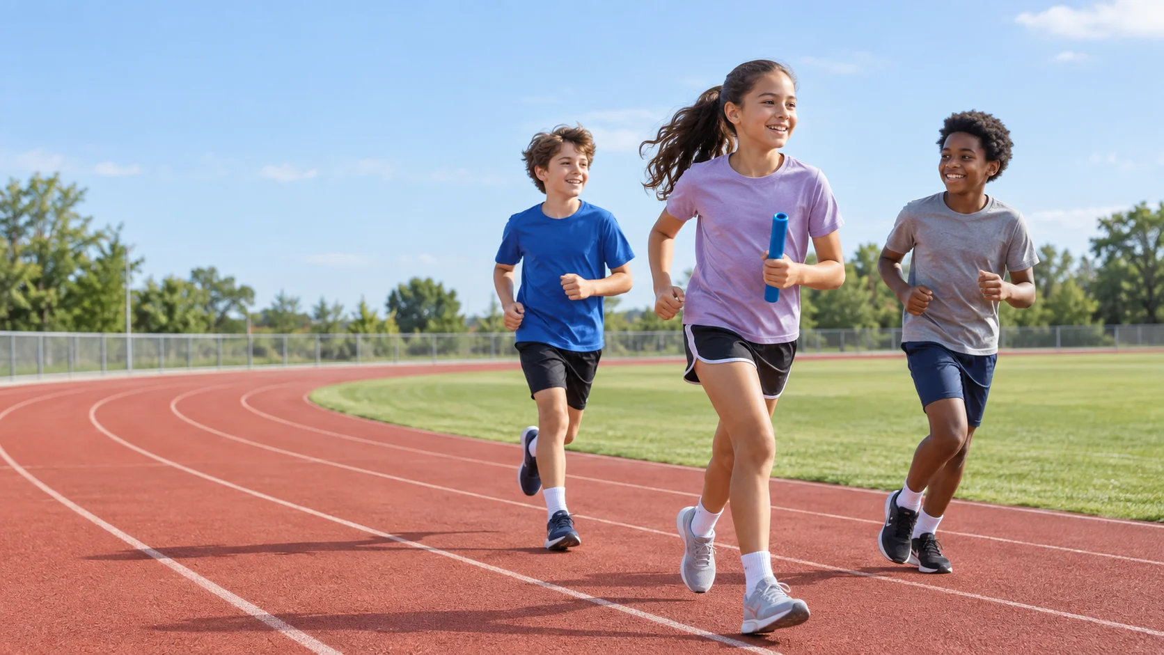 陸上トラックでリレー練習をする子どもたち